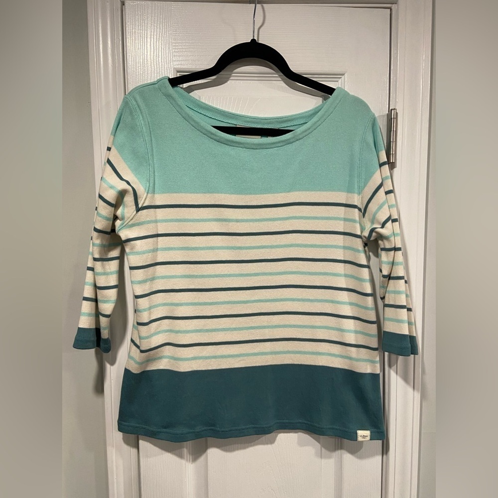 L.L. Bean Size LP Aquamarine Teal Stripe 3/4 Sleeve Knit Heritage Mariner Shirt